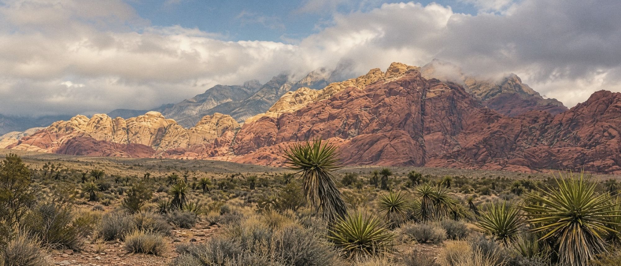 Red Rock Canyon outside Las Vegas, red and cream sandstone under drifting clouds, yuccas in the foreground