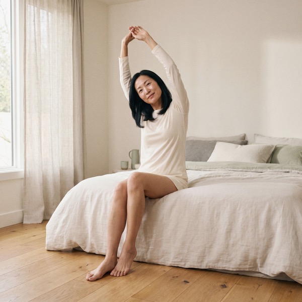 A woman stretching on the edge of her bed in morning light