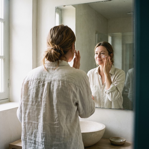 A woman applying moisturizer at a mirror