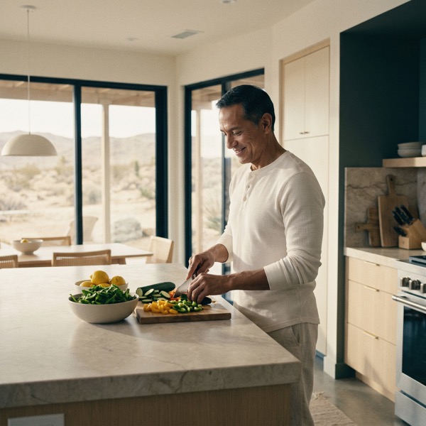 A man slicing vegetables in a bright kitchen